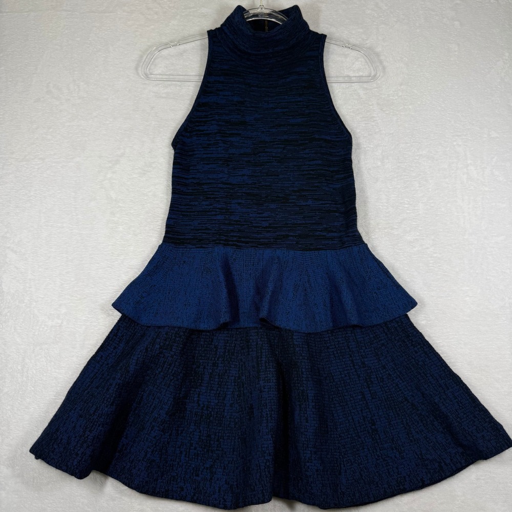 A.L.C. Blue Black Wool Blend Space Dye Tiered Peplum Knit Dress AS9650 XS‎